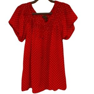 Trulli Women's Chiffon Sheer Boho Blouse, Rich Red White Polka Dots, Size Large